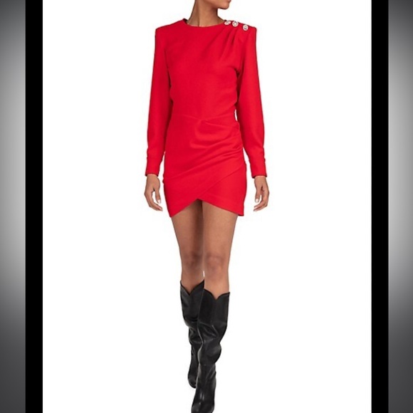 ba&sh Red Slone Lady Gathered Front Detail Sparkle  Rhinestone Shoulder Dress S - Picture 2 of 16